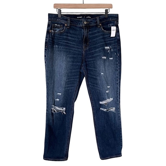 NWT Old Navy Women’s Mid Rise Boyfriend‎ Jeans Distressed Blue Size 10 - Picture 1 of 8